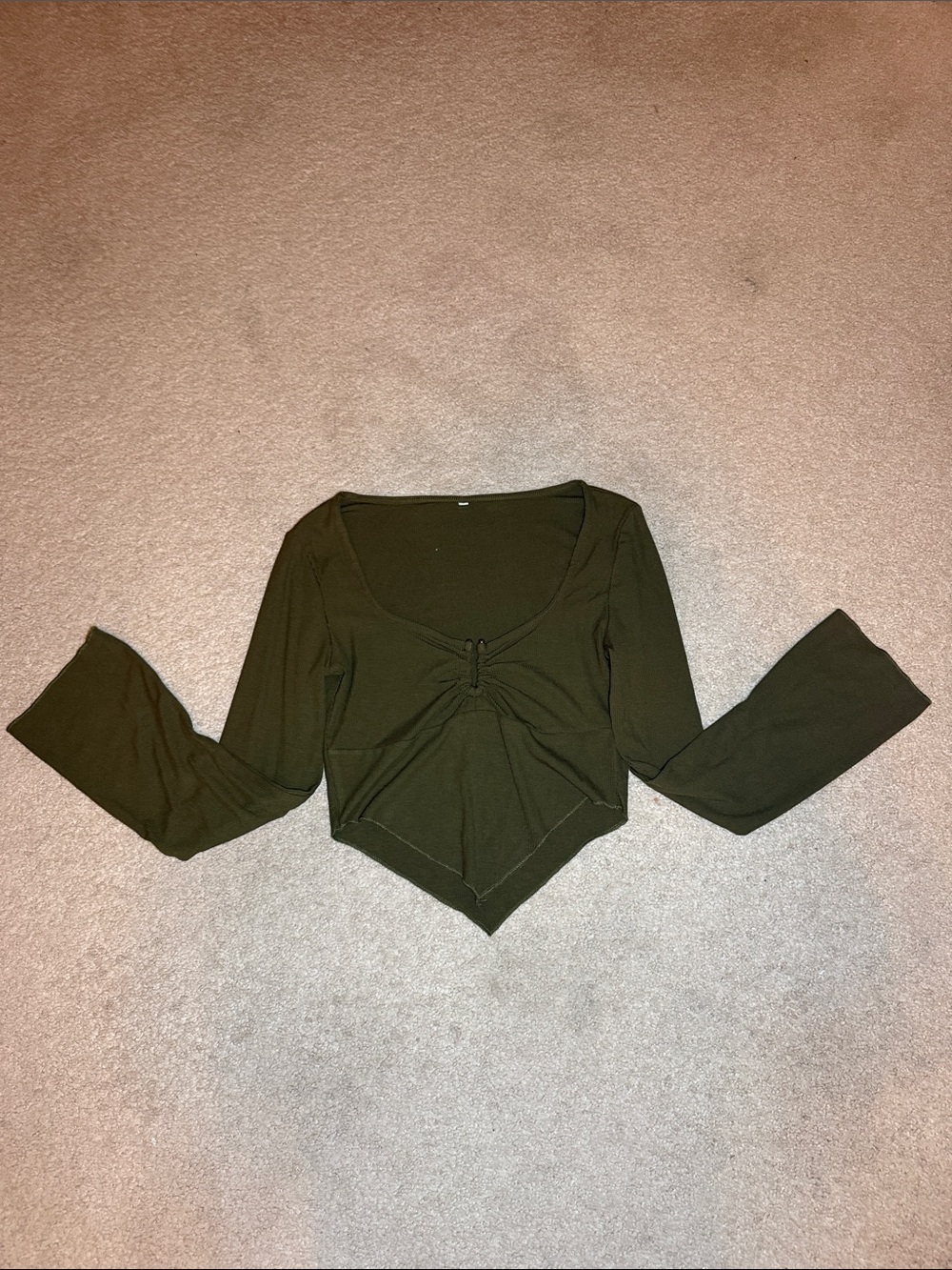 Women's Olive Green Ruched Point Hem Long Sleeve Top